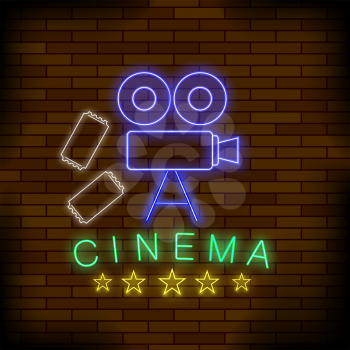 Cinema Light Neon Sign on Brick Background. Colored Signboard. Bright Street Banner.
