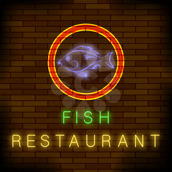 Colorful Neon Fish Restaurant Sign on Brick Wall Background.