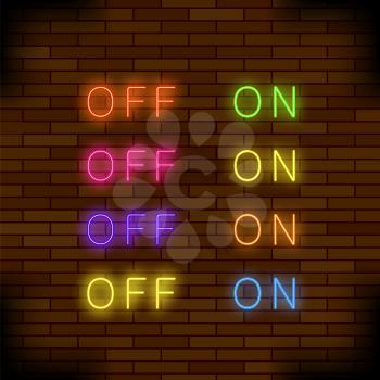 On and Off Lamp Neon Light Toggle Switch Sign. Colorful Fluorescent Light Buttons on Brick Wall Background