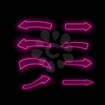 Set of Different Neon Pink Arrows Isolated on Black Background