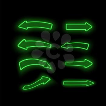 Set of Different Neon Green Arrows Isolated on Black Background