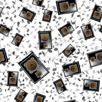 Black Musical Speaker Seamless Pattern with Notes on White Background