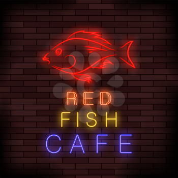 Colorful Neon Fish Food Sign on Brick Wall Background.