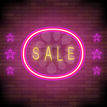 Yellow Neon Sale Sign with Pink Round Frame and Stars on Brick Background