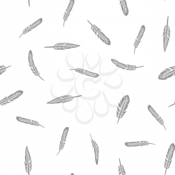 Grey Feathers Seamless Pattern on White Background