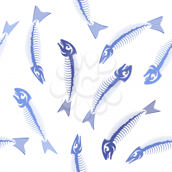 Blue Fish Bone Skeleton Seamless Pattern Isolated on White Background. Sea Fishes Icons.