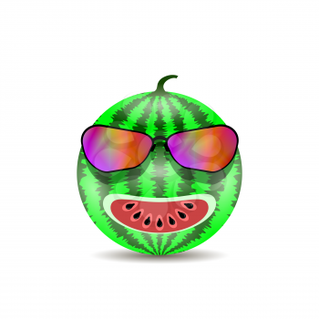 Fresh Sweet Natural Ripe Watermelon Icon with Black Seeds and Modern Sunglasses Isolated on White Background