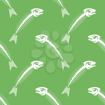 White Fish Bone Skeleton Seamless Pattern Isolated on Green Background. Sea Fishes Icons.