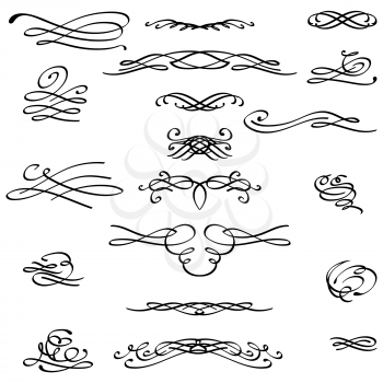 Vintage Calligraphic Design Elements. Set of Decors and Dividers. Old Vignette Collection Isolated on White Background. Decorative Ornamental Swirls. Flourish