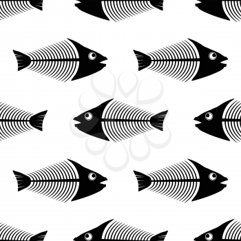 Fish Bone Skeleton Seamless Pattern Isolated on White Background. Sea Fishes Icons.