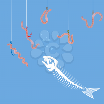 White Fish Bone Skeleton Isolated on Blue Background. Set of Colored Fishing Hooks and Red Worms.