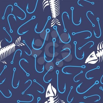 White Fish Bone Skeleton and Fishing Hooks Seamless Pattern Isolated on Blue Background. Sea Fishes Icons.