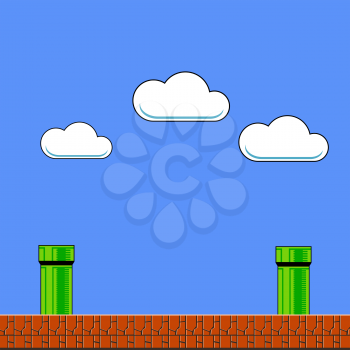 Old Game Background. Classic Retro Arcade Design with Pipe and Brick