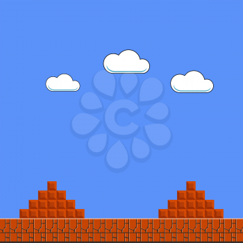 Old Game Background. Classic Retro Arcade Design with Clouds and Brick