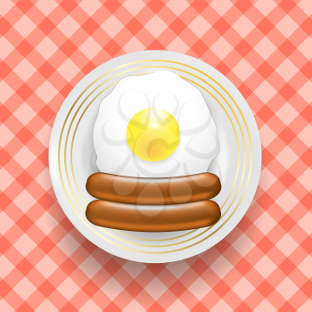 Natural Egg and Two Realistic Boiled Sausages on Red Line Background. Top View