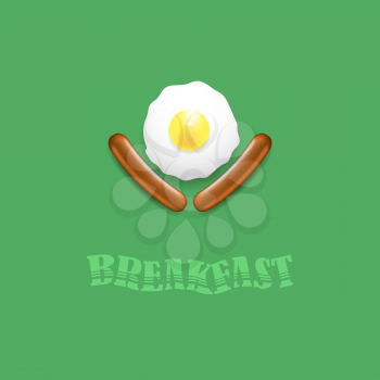 Breakfast Icon with Natural Egg and Two Realistic Boiled Sausages Isolated on Green Background