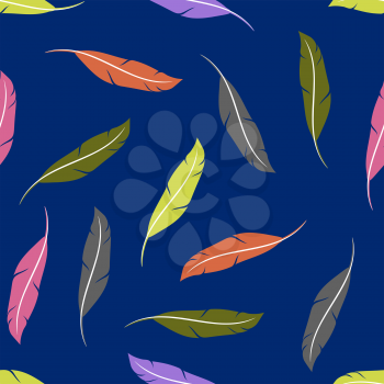 Colorful Feather Silhouette Collection Isolated on Blue Background. Seamless Pattern