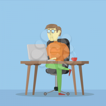 Man Working on a Laptop Computer. Male Business Cartoon Character. Freelancer and His Work Process Icon on Blue Background. Flat Design Drawn. Freelance Job on Internet.