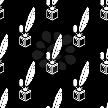 White Feather Pen Silhouette Seamless Pattern Isolated on Black Background