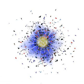 Explosion Cloud of Blue Pieces on White Background. Sharp Particles Randomly Fly in the Air.