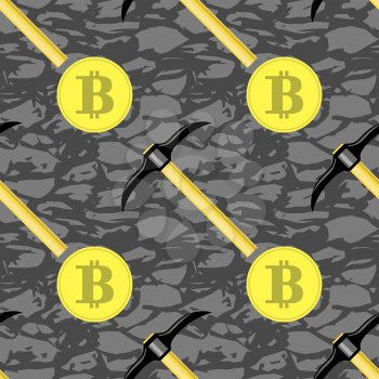 Golden Bitcoin Seamless Pattern on Grunge Background. Crypto Currency Mining Texture with Coins and Pickaxes