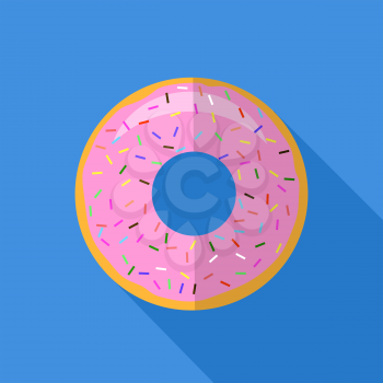 Sweet Glaze Pink Donut Isolated on Blue Background. Fast Food Icon Flat Design. Top View.