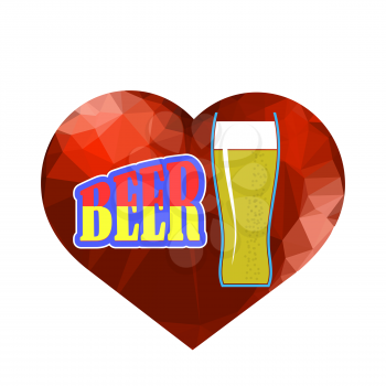 Beer Glass and Red Polygonal Heart on on White Background