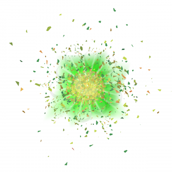 Explosion Cloud of Green Pieces on White Background. Sharp Particles Randomly Fly in the Air.
