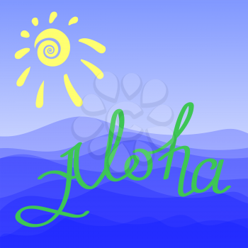 Lettering Aloha Text with Sea and Sun on Blue Sky Backround. Hand Sketched Aloha Typography Sign for Badge, Icon, Banner, Tag, Illustration, Postcard Poster