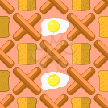 Eggs, Grill Sausages and Bread Seamless Pattern Isolated on Pink Background. Fast Food Texture.