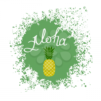 Lettering AlohaText with Pineapple. Hand Sketched Aloha Typography Sign for Badge, Icon, Banner, Tag, Illustration, Postcard Poster