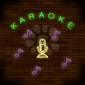 Glowing Light Karaoke on Red Wall Brick Background. Musical Logo with Microphone. Colorful Line Icon. Sign Board of Music Bar