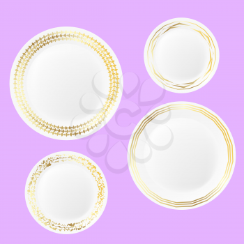 Set of Ceramic Plate with Gold Yellow Border Isolated on Pink Background