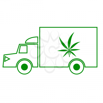 Cannabis Delivery. Marijuana Legalization. Truck with Cannabis Green Leaf Icon. Drug Consumption, Marijuana Use.