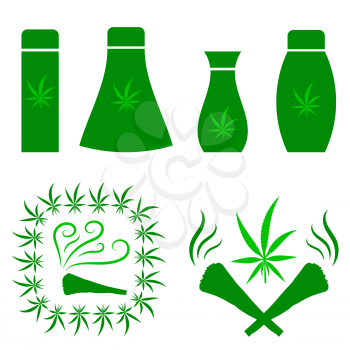 Green Cannabis Leaves Frame. Drug Consumption, Medical Marijuana Use. Burning Joint Icon Isolated on White Background