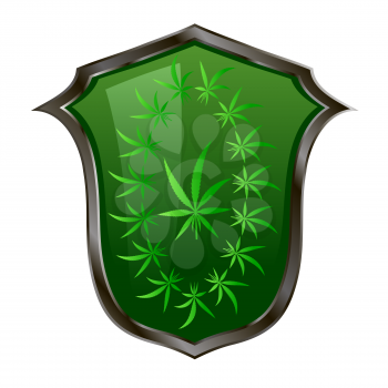 Retro Shield with Fresh Medical Marijuana Icon. Green Cannabis Frame. Drug Consumption.