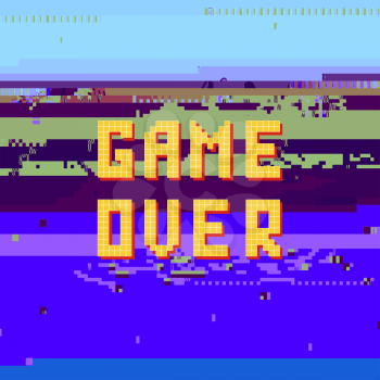 Retro Pixel Game Over Sin on Glitch Blue Banner. Gaming Concept. Video Game Screen.