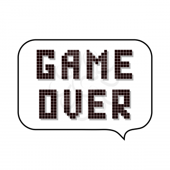 Retro Pixel Game Over Sign with Speech Bubble on White Background. Gaming Concept. Video Game Screen.