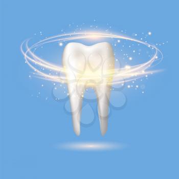Healthy Human Tooth Logo on Blue Background. Dental Care Concept for Dentistry Clinic or Dentist Medical Center