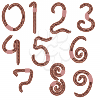 Animal Earth Red Worms for Fishing on White Background. Stylized Arabic Numerals.