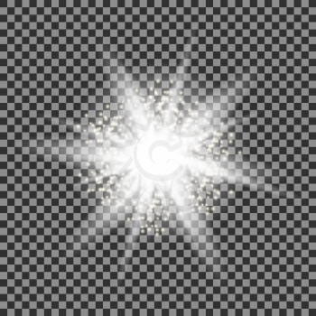 Sparkling Star, Glowing Light Explosion. Starburst with Sparkles on Checkered Background.