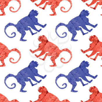 Red Blue Monkey Seamless Pattern Isolated on White Background. Wild Tropical Mammal Animal Ape Icon. Symbol of Zodiac. Low Poly Design. Gorilla Polygonal Silhouette.