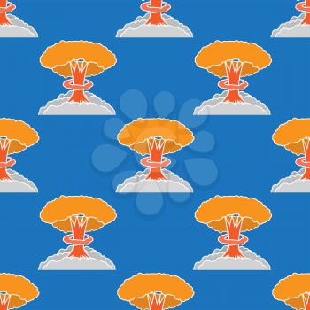 Nuclear Burst Seamless Pattern. Cartoon Bomb Explosion Isolated on Blue Background. Radioactive Atomic Power. Symbol of War. Big Mushroom Cloud.