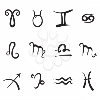 Set of Zodiac Icons Isolated on White Background. Astrological Symbols. Horoscope Elements.
