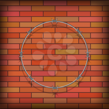 Barbed Wire Circle on Red Brick Background. Stylized Prison Concept. Symbol of Not Freedom. Metal Frame Round.