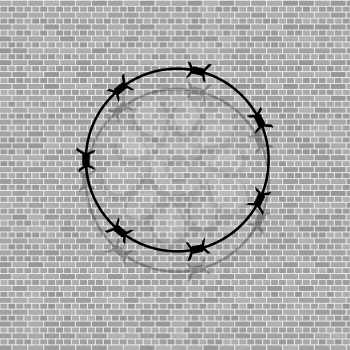 Barbed Wire Circle on Grey Brick Background. Stylized Prison Concept. Symbol of Not Freedom. Metal Frame Round.