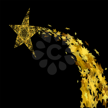 Gold Stars Isolated on Black Background. Yellow Starry Pattern.