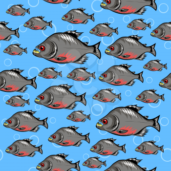 Cartoon Piranha Fish Swimming Seamless Pattern on Blue Background.