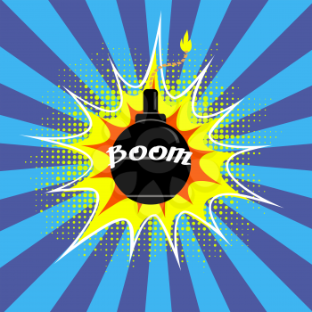 Black Burning Bomb Icon. Explode Flash, Cartoon Explosion, Burst on Blue Background