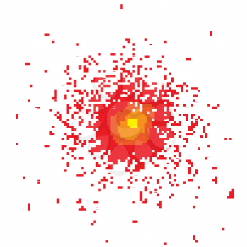 Explode Flash, Pixel Cartoon Explosion, Star Burst. Square Sharp Particles Fly in the Air.